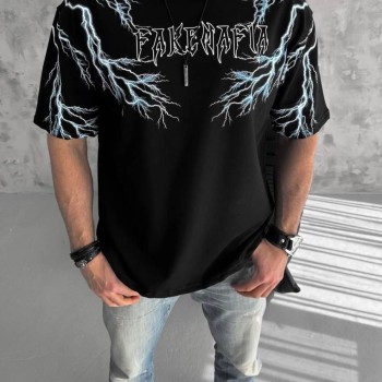 ERKEK Bisiklet Yaka Yıldırım Baskılı  Kısa kol T-Shirt-Siyah